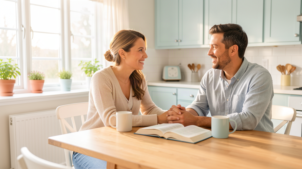 Couple holding hands across a bright kitchen table with an open Bible between them