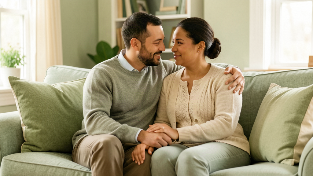 Husband and wife sitting close together on a sofa, holding hands